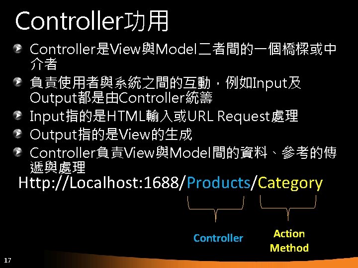 Controller功用 Controller是View與Model二者間的一個橋樑或中 介者 負責使用者與系統之間的互動，例如Input及 Output都是由Controller統籌 Input指的是HTML輸入或URL Request處理 Output指的是View的生成 Controller負責View與Model間的資料、參考的傳 遞與處理 Http: //Localhost: 1688/Products/Category Controller