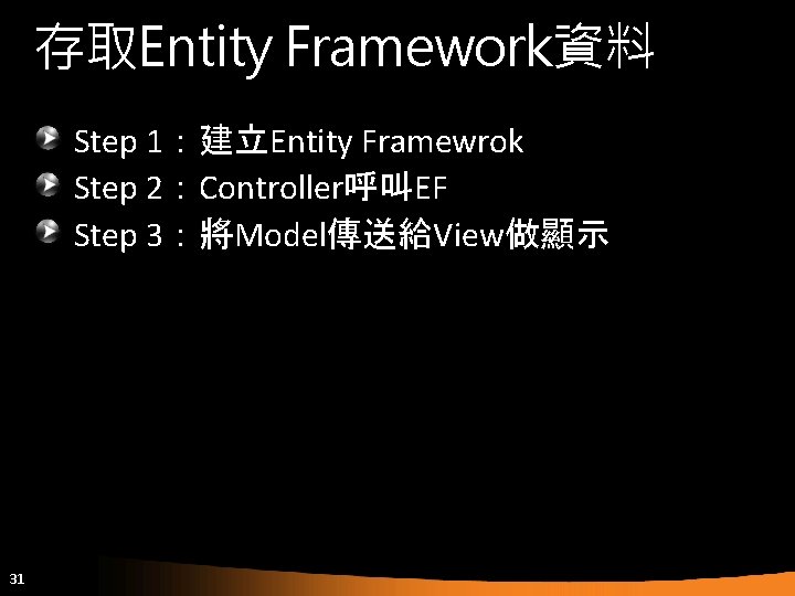 存取Entity Framework資料 Step 1：建立Entity Framewrok Step 2：Controller呼叫EF Step 3：將Model傳送給View做顯示 31 