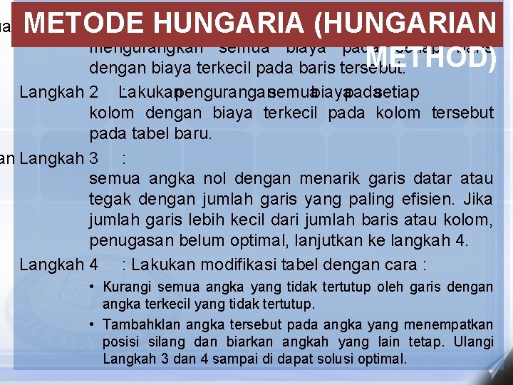 METODE HUNGARIA (HUNGARIAN METHOD) uat Langkah 1 : mengurangkan semua biaya pada setiap baris