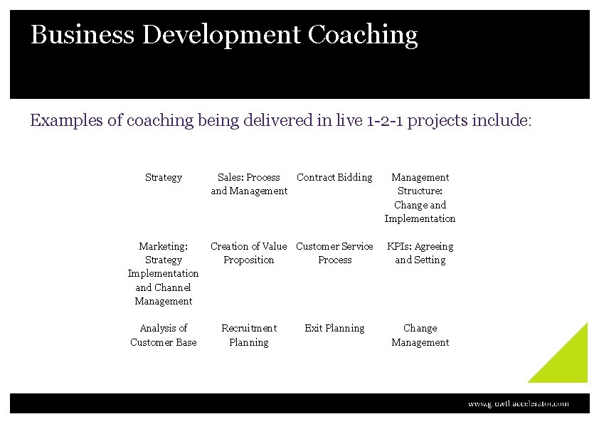 Business Development Coaching Examples of coaching being delivered in live 1 -2 -1 projects