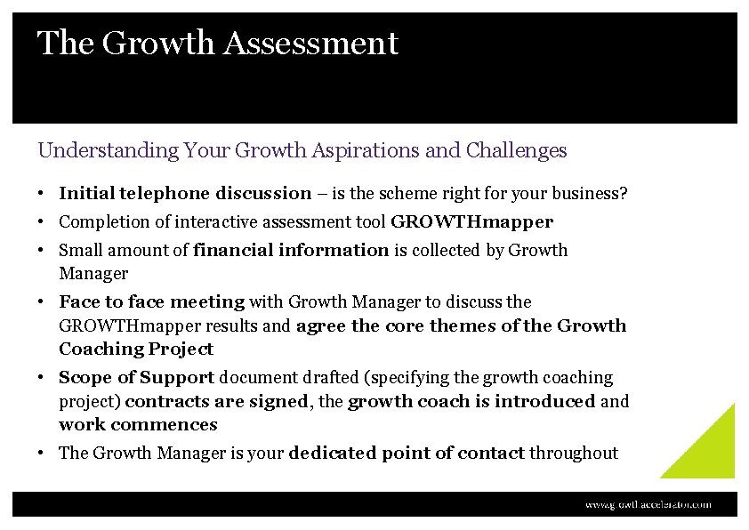 The Growth Assessment Understanding Your Growth Aspirations and Challenges • Initial telephone discussion –