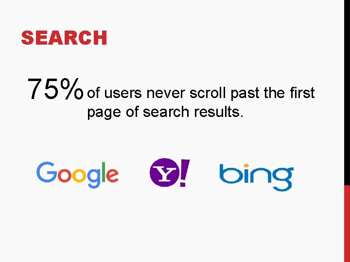 SEARCH 75% of users never scroll past the first page of search results. 