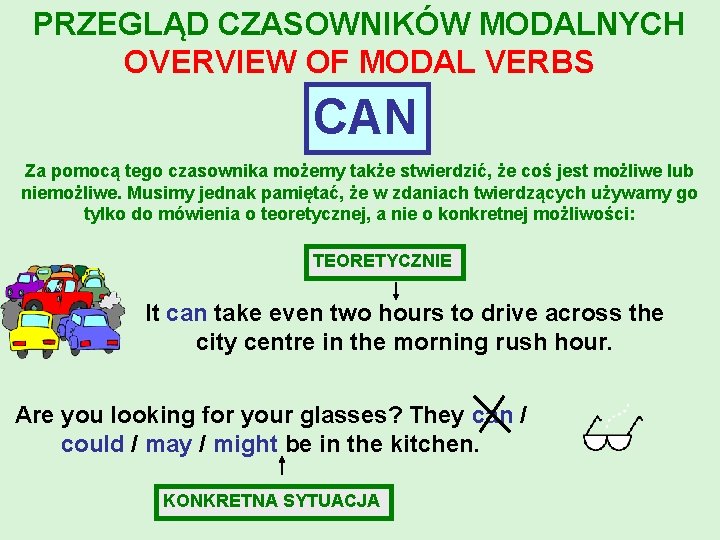 PRZEGLĄD CZASOWNIKÓW MODALNYCH OVERVIEW OF MODAL VERBS CAN Za pomocą tego czasownika możemy także