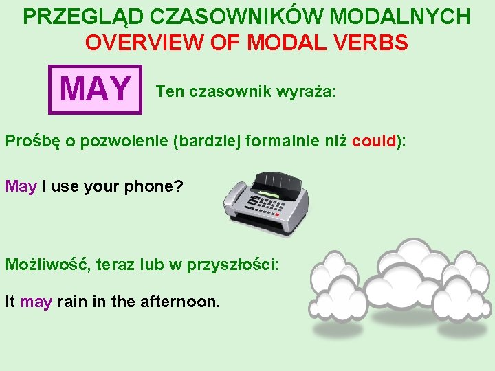 PRZEGLĄD CZASOWNIKÓW MODALNYCH OVERVIEW OF MODAL VERBS MAY Ten czasownik wyraża: Prośbę o pozwolenie