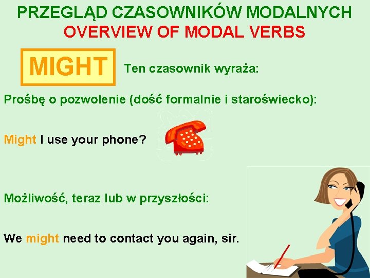 PRZEGLĄD CZASOWNIKÓW MODALNYCH OVERVIEW OF MODAL VERBS MIGHT Ten czasownik wyraża: Prośbę o pozwolenie