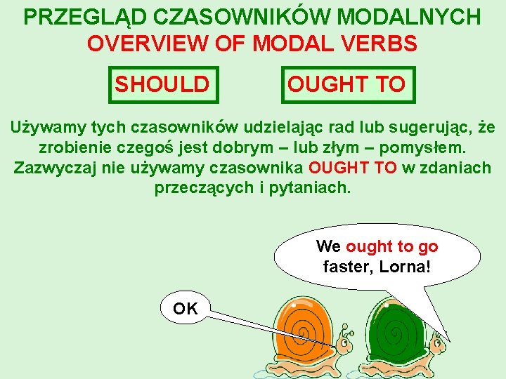 PRZEGLĄD CZASOWNIKÓW MODALNYCH OVERVIEW OF MODAL VERBS SHOULD OUGHT TO Używamy tych czasowników udzielając