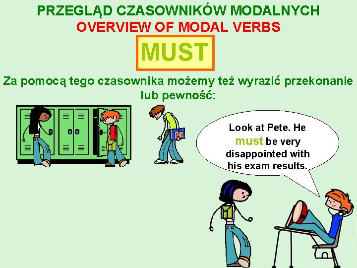 PRZEGLĄD CZASOWNIKÓW MODALNYCH OVERVIEW OF MODAL VERBS MUST Za pomocą tego czasownika możemy też