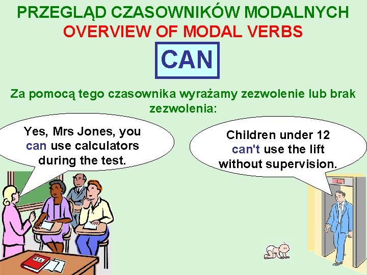 PRZEGLĄD CZASOWNIKÓW MODALNYCH OVERVIEW OF MODAL VERBS CAN Za pomocą tego czasownika wyrażamy zezwolenie