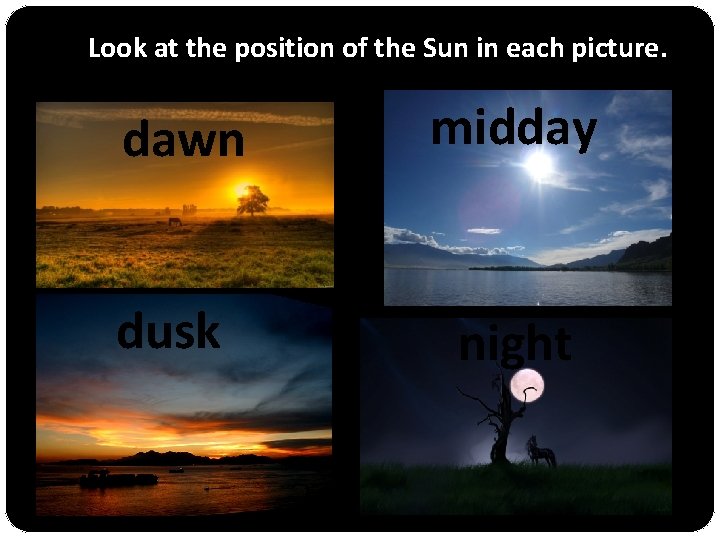 Look at the position of the Sun in each picture. dawn midday dusk night