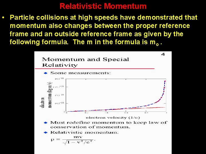 Relativistic Momentum • Particle collisions at high speeds have demonstrated that momentum also changes Relativistic Momentum • Particle collisions at high speeds have demonstrated that momentum also changes