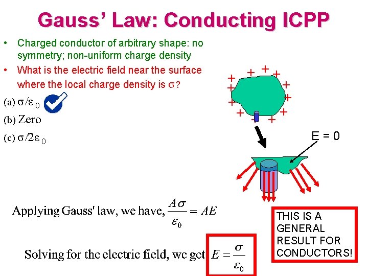 Gauss’ Law: Conducting ICPP • Charged conductor of arbitrary shape: no symmetry; non-uniform charge