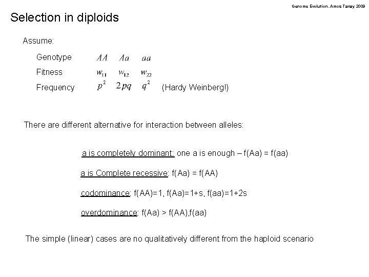 Genome Evolution. Amos Tanay 2009 Selection in diploids Assume: Genotype Fitness Frequency (Hardy Weinberg!)