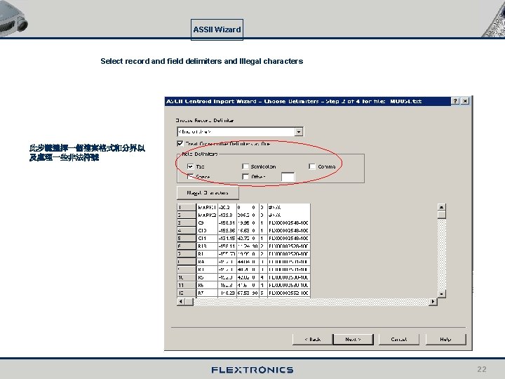 ASSII Wizard Select record and field delimiters and Illegal characters 此步驟選擇一個檔案格式和分界以 及處理一些非法符號 22 
