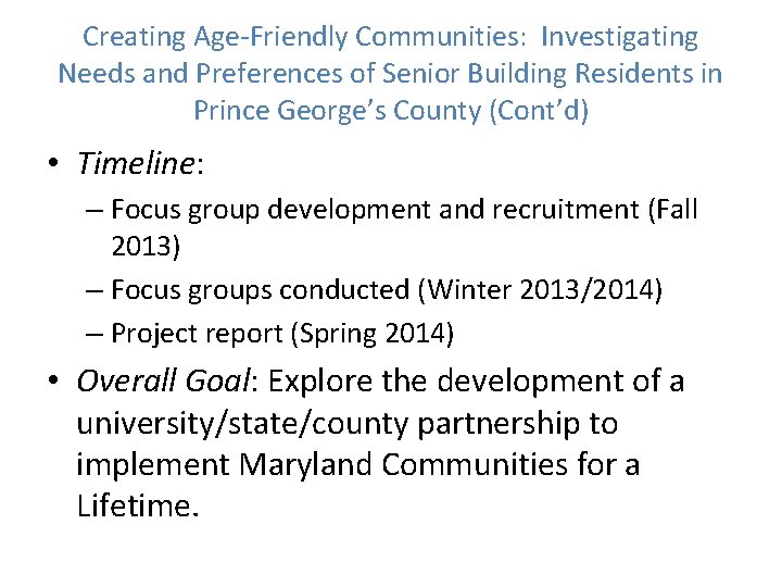 Creating Age-Friendly Communities: Investigating Needs and Preferences of Senior Building Residents in Prince George’s