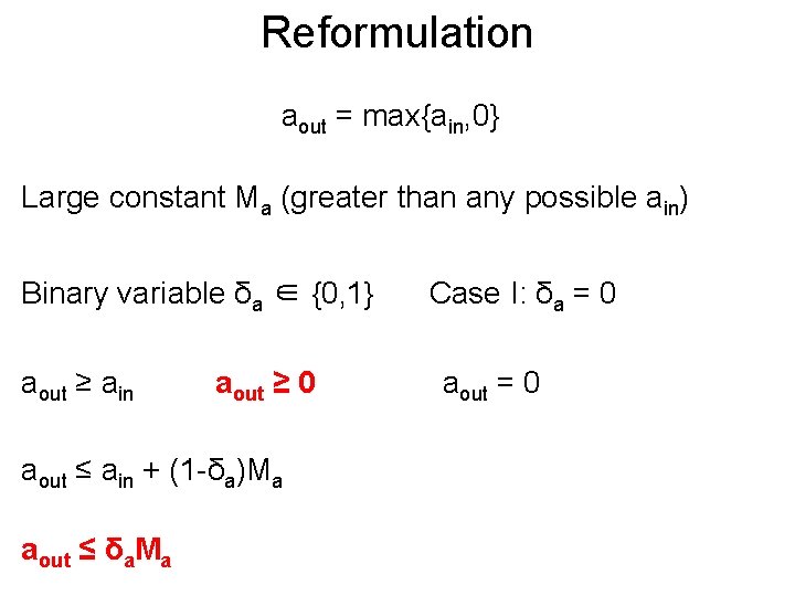 Reformulation Post aout = max{ain, 0} Large constant Ma (greater than any possible ain)