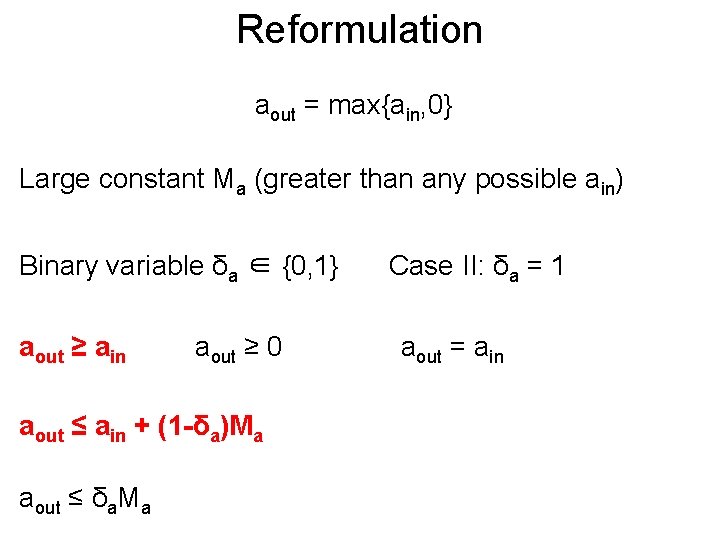 Reformulation Post aout = max{ain, 0} Large constant Ma (greater than any possible ain)