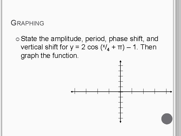 GRAPHING State the amplitude, period, phase shift, and vertical shift for y = 2