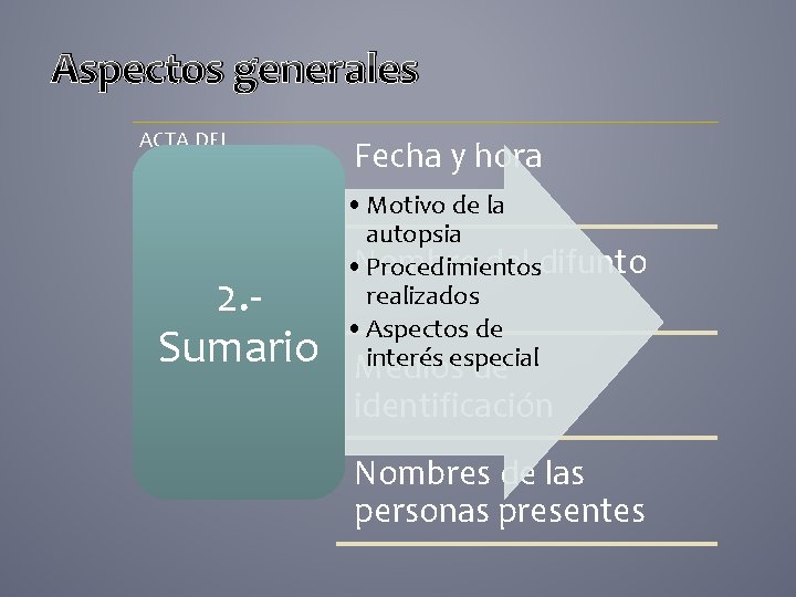 Aspectos generales ACTA DEL PROCEDIMIENTO 2. Sumario Fecha y hora • Motivo de la