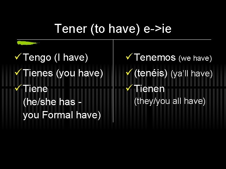 Tener (to have) e->ie ü Tengo (I have) ü Tenemos (we have) ü Tienes