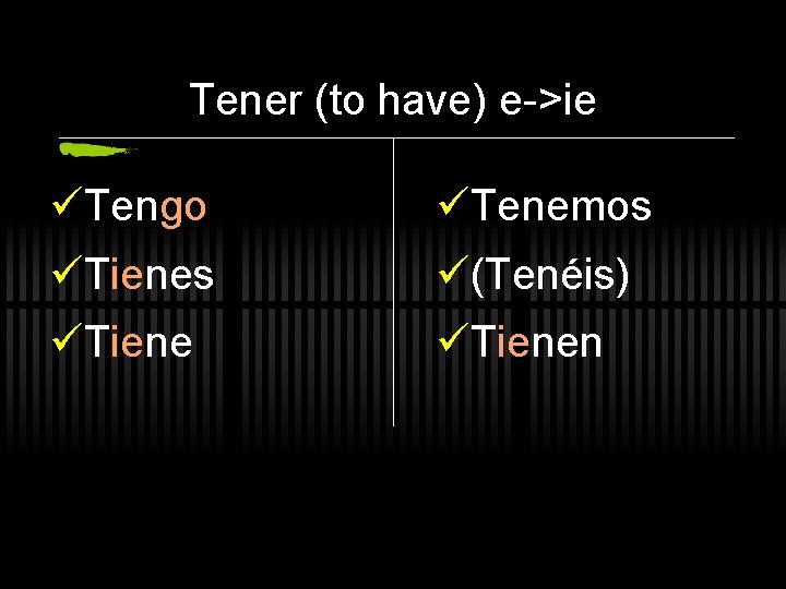Tener (to have) e->ie üTengo üTenemos üTienes ü(Tenéis) üTienen 