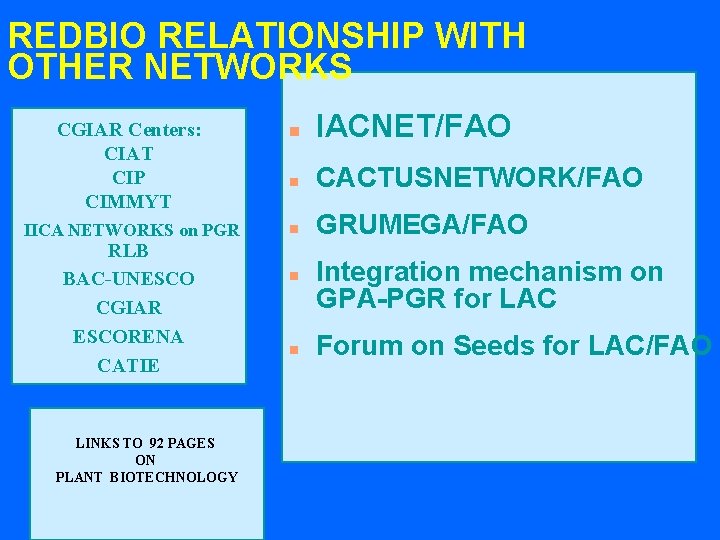 REDBIO RELATIONSHIP WITH OTHER NETWORKS CGIAR Centers: CIAT CIP CIMMYT n IACNET/FAO n CACTUSNETWORK/FAO