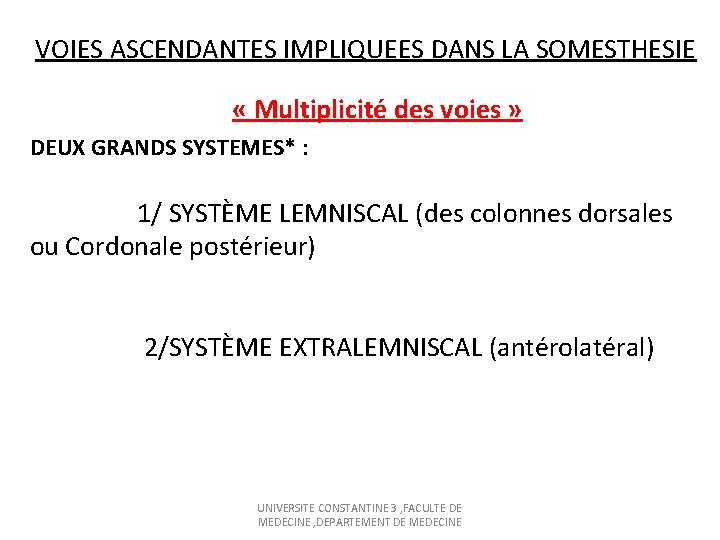 VOIES ASCENDANTES IMPLIQUEES DANS LA SOMESTHESIE « Multiplicité des voies » DEUX GRANDS SYSTEMES*