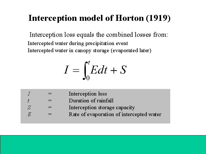 Interception model of Horton (1919) Interception loss equals the combined losses from: Intercepted water