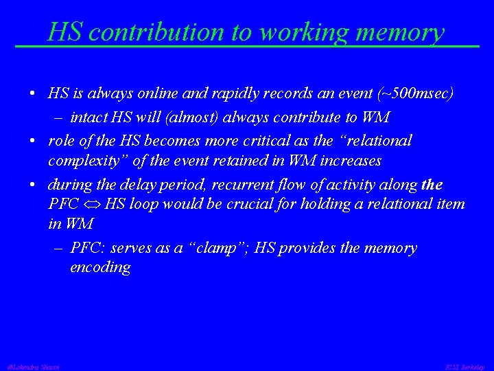 HS contribution to working memory • HS is always online and rapidly records an