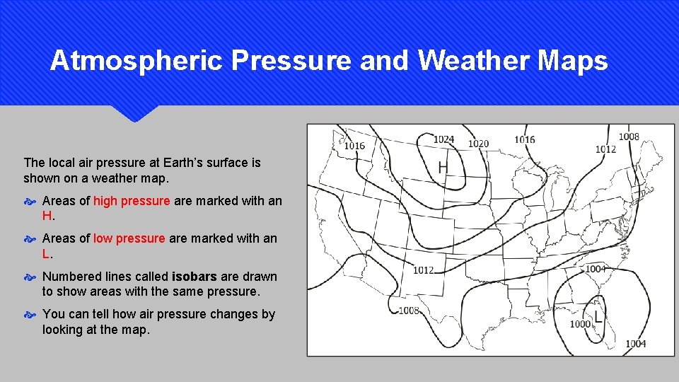 Atmospheric Pressure and Weather Maps The local air pressure at Earth’s surface is shown