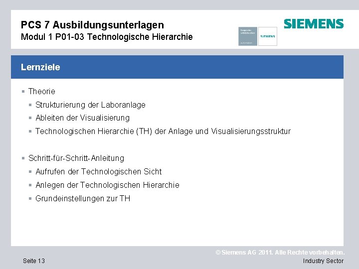 PCS 7 Ausbildungsunterlagen Modul 1 P 01 -03 Technologische Hierarchie Lernziele § Theorie §