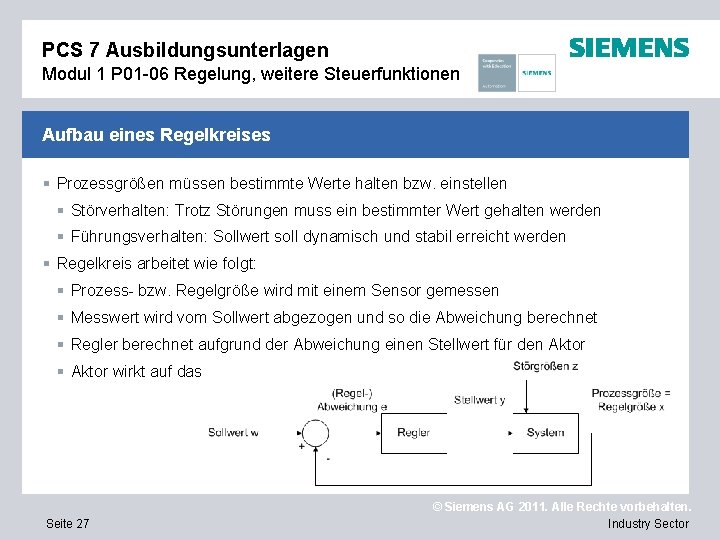 PCS 7 Ausbildungsunterlagen Modul 1 P 01 -06 Regelung, weitere Steuerfunktionen Aufbau eines Regelkreises