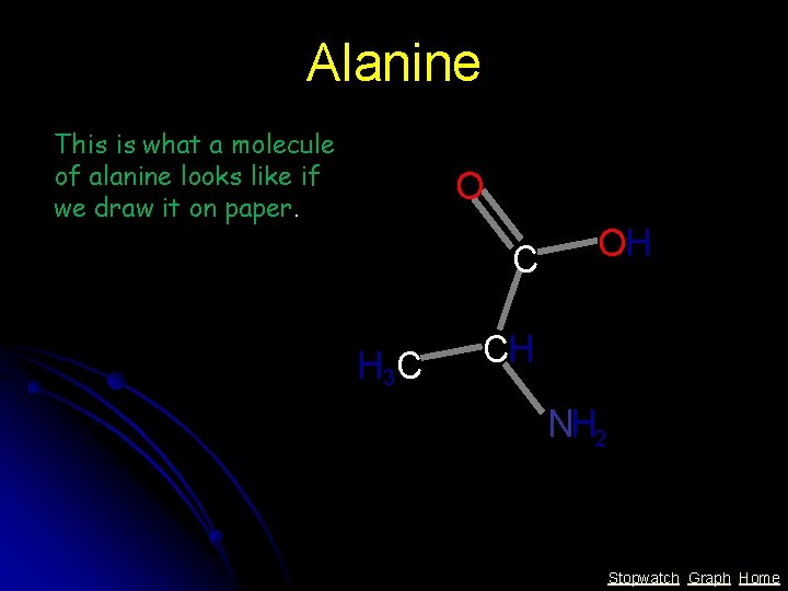 Alanine This is what a molecule of alanine looks like if we draw it Alanine This is what a molecule of alanine looks like if we draw it