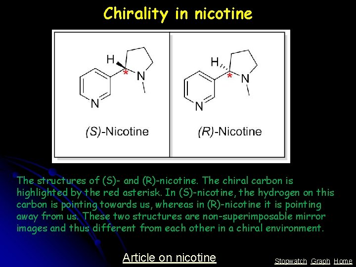 Chirality in nicotine The structures of (S)- and (R)-nicotine. The chiral carbon is highlighted Chirality in nicotine The structures of (S)- and (R)-nicotine. The chiral carbon is highlighted
