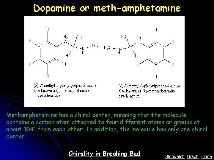 Dopamine or meth-amphetamine Methamphetamine has a chiral center, meaning that the molecule contains a Dopamine or meth-amphetamine Methamphetamine has a chiral center, meaning that the molecule contains a