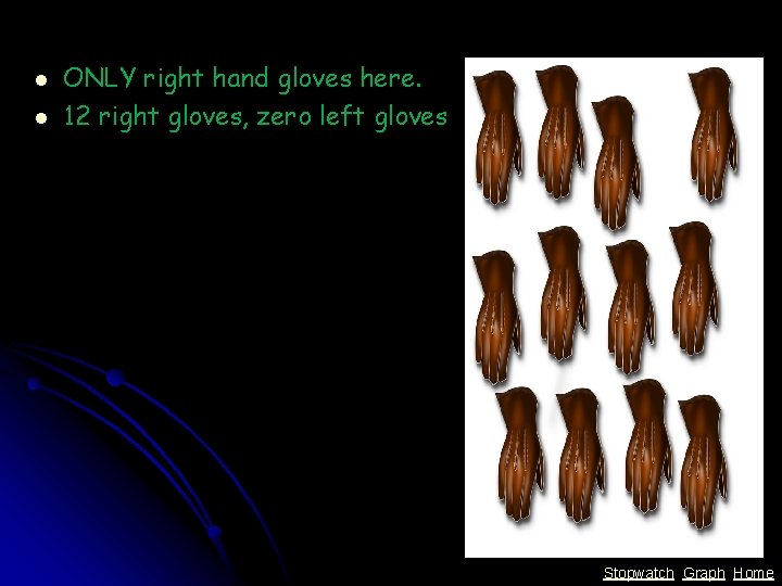 l l ONLY right hand gloves here. 12 right gloves, zero left gloves Stopwatch l l ONLY right hand gloves here. 12 right gloves, zero left gloves Stopwatch