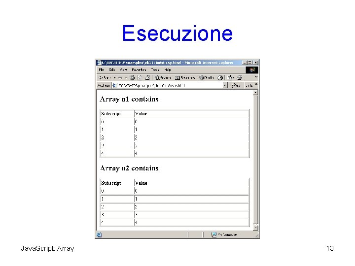 Esecuzione Java. Script: Array 13 