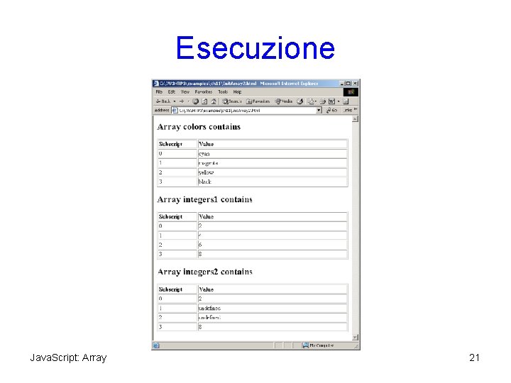 Esecuzione Java. Script: Array 21 