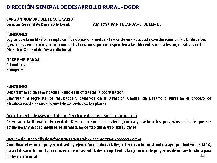 DIRECCIÓN GENERAL DE DESARROLLO RURAL - DGDR CARGO Y NOMBRE DEL FUNCIONARIO Director General