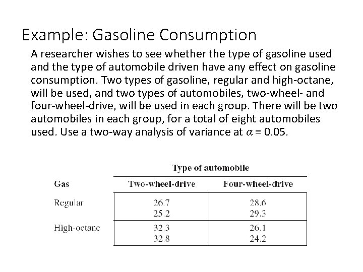Example: Gasoline Consumption A researcher wishes to see whether the type of gasoline used Example: Gasoline Consumption A researcher wishes to see whether the type of gasoline used