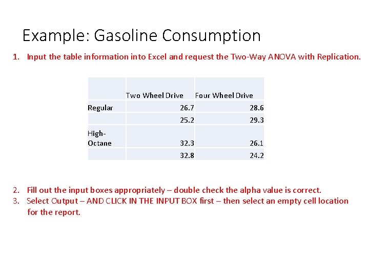 Example: Gasoline Consumption 1. Input the table information into Excel and request the Two-Way Example: Gasoline Consumption 1. Input the table information into Excel and request the Two-Way