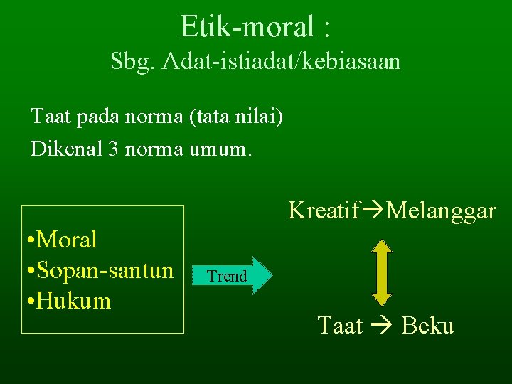 Etik-moral : Sbg. Adat-istiadat/kebiasaan Taat pada norma (tata nilai) Dikenal 3 norma umum. Kreatif Etik-moral : Sbg. Adat-istiadat/kebiasaan Taat pada norma (tata nilai) Dikenal 3 norma umum. Kreatif