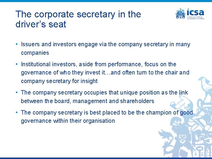 The corporate secretary in the driver’s seat • Issuers and investors engage via the