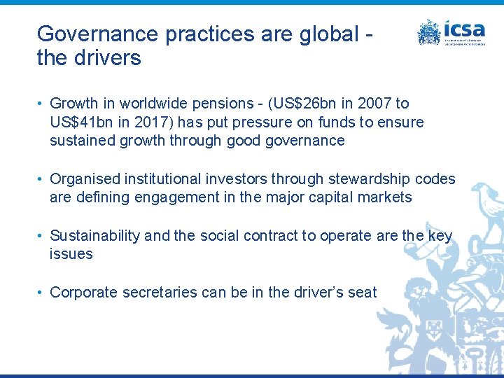 Governance practices are global - the drivers • Growth in worldwide pensions - (US$26