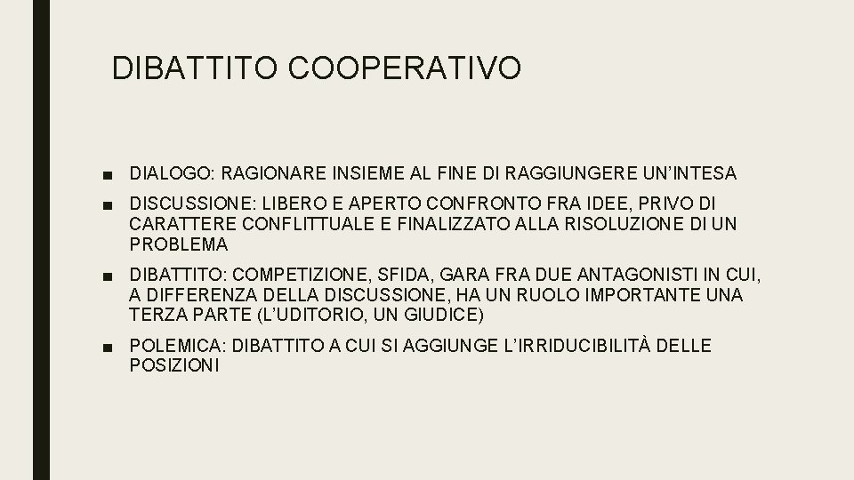 DIBATTITO COOPERATIVO ■ DIALOGO: RAGIONARE INSIEME AL FINE DI RAGGIUNGERE UN’INTESA ■ DISCUSSIONE: LIBERO