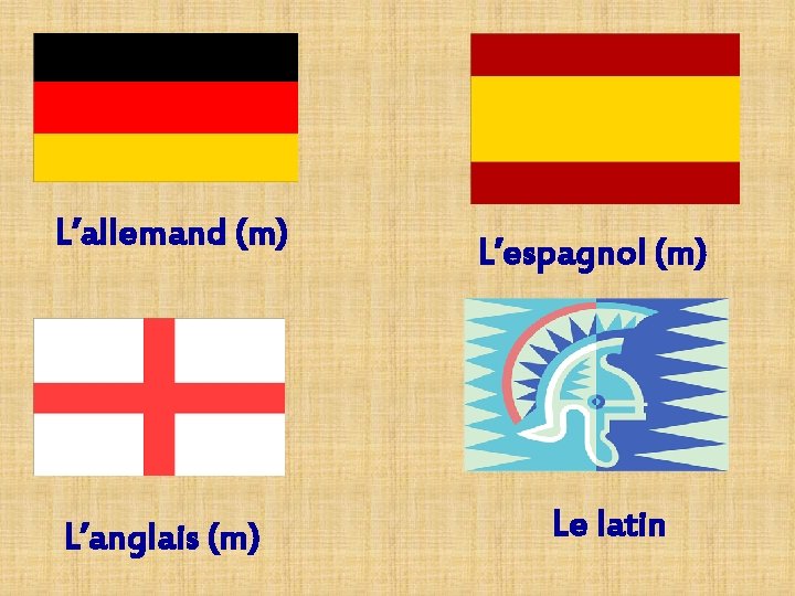 L’allemand (m) L’anglais (m) L’espagnol (m) Le latin L’allemand (m) L’anglais (m) L’espagnol (m) Le latin
