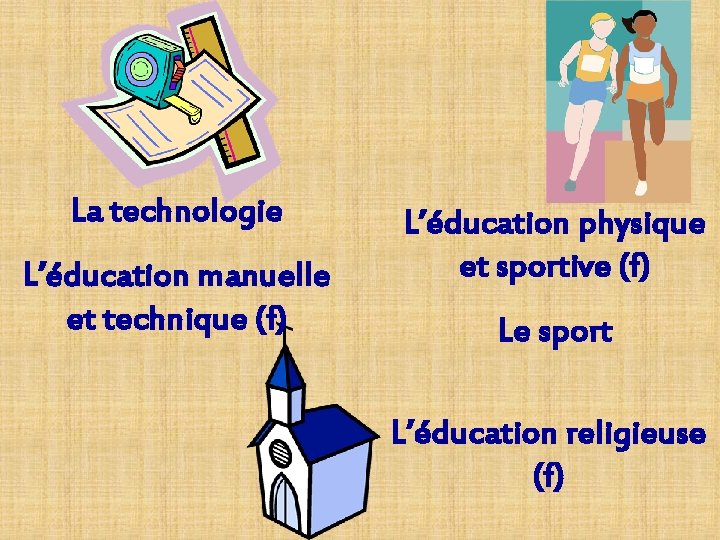 La technologie L’éducation manuelle et technique (f) L’éducation physique et sportive (f) Le sport La technologie L’éducation manuelle et technique (f) L’éducation physique et sportive (f) Le sport