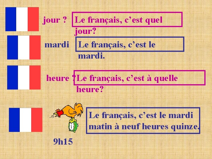 jour ? Le français, c’est quel jour? mardi Le français, c’est le mardi. heure jour ? Le français, c’est quel jour? mardi Le français, c’est le mardi. heure