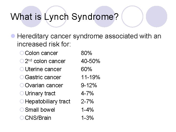 What is Lynch Syndrome? l Hereditary cancer syndrome associated with an increased risk for: