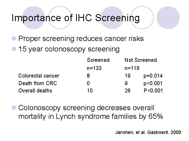 Importance of IHC Screening l Proper screening reduces cancer risks l 15 year colonoscopy