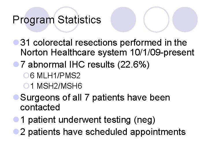 Program Statistics l 31 colorectal resections performed in the Norton Healthcare system 10/1/09 -present
